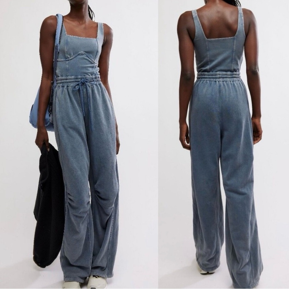 Free People Blue Wide-Leg Track Jogger Jumpsuit